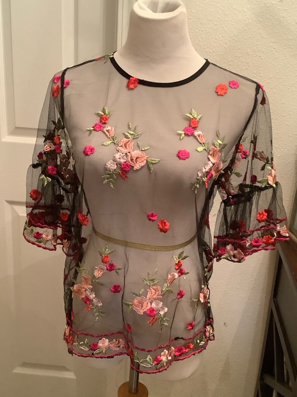 I.Madeline Sheer Black Floral Embroidered Short Sleeve Top